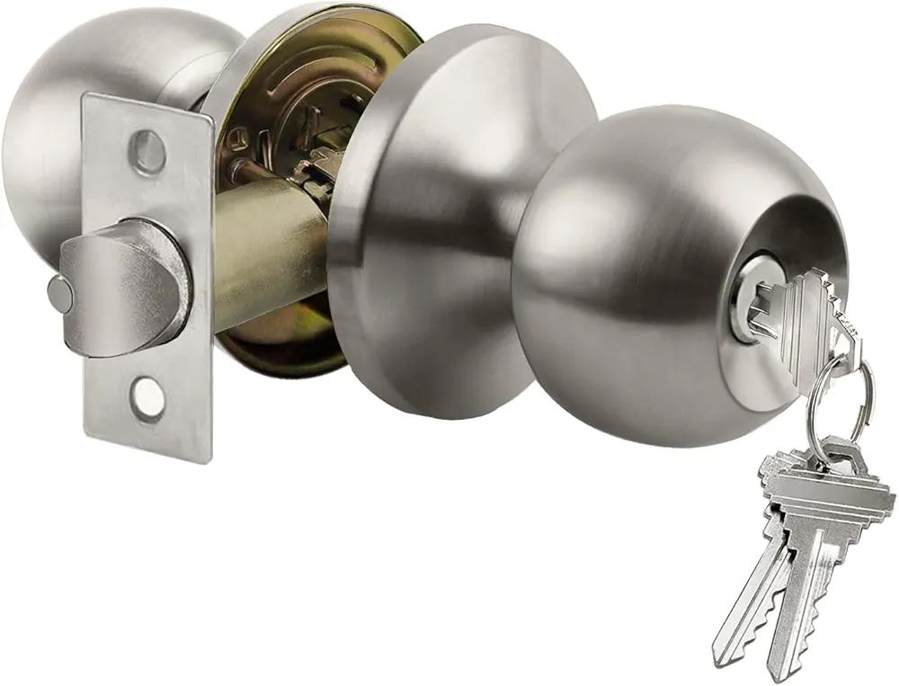 BESTTEN Keyed Entry Door Knob with Lock, Interior and Exterior Door Lock, Standard Ball, Satin Nickel