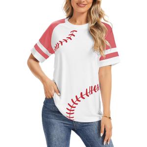 ETATNG Baseball Mom Shirt for Womens Raglan Shirt Short Sleeve Crewneck Patchwork Workout Baseball Tees (Large, 01-white and Light Red)