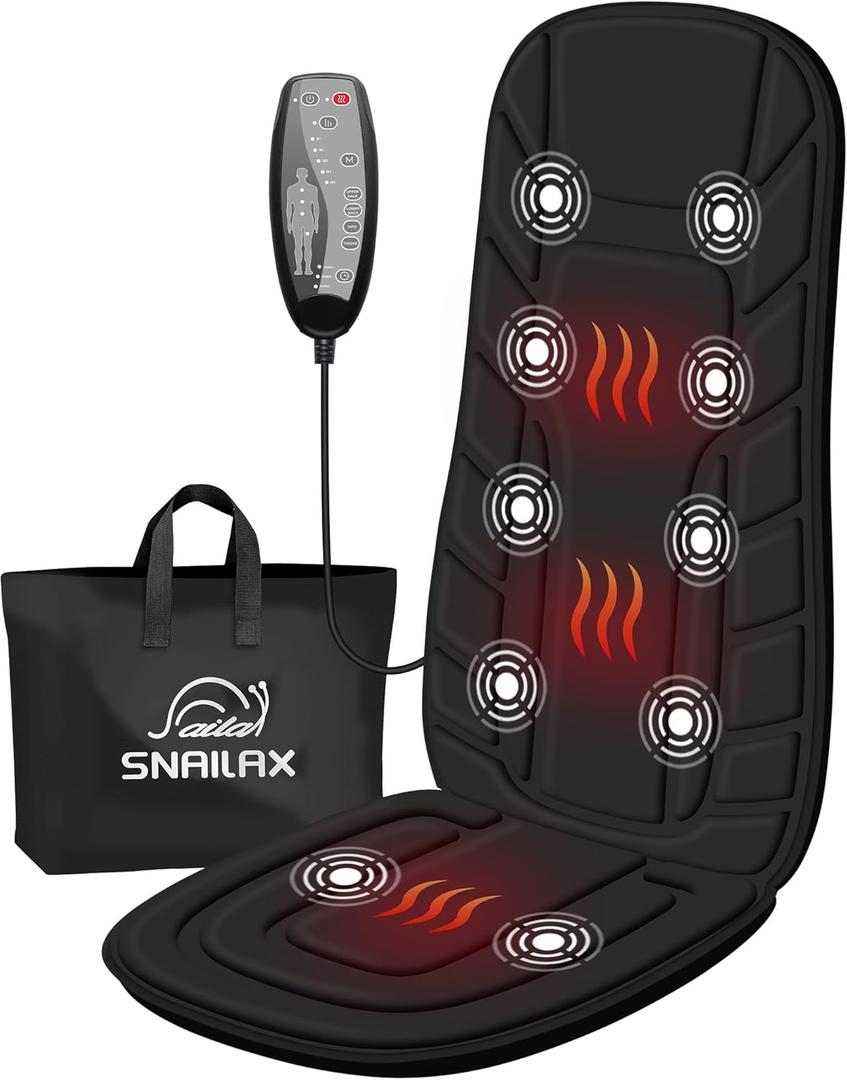 Snailax Back Massager with Heat, Massage Seat Cushion with 10 Motors, Massage Chair Pad for Home Office Use, 5 Modes & 3 Intensity Levels, 2 Heat Settings with 30-60-90 Mins Timer, Gifts for Him Her