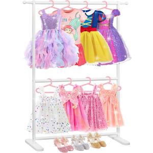 Bamboo Kids Clothing Rack with Dual Poles, Child Dress Up Rack, Clothing OrganizerRack, Small GarmentRack, Perfect for Costumes and Accessories (White)