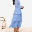 ZESICA Women's 2025 Long Sleeve Crew Neck Ruffle Tiered Layered Chiffon Flowy Swing Long Midi Dress (Light Blue, Large)
