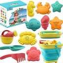 Beach Toys for Kids - Sand Toys Set Includes Collapsible Sand Bucket Shovel and Sand Rake Toy for Beach 12 PCS, Sandbox Toys Sandcastle Building Kit with Waterproof Net (A)