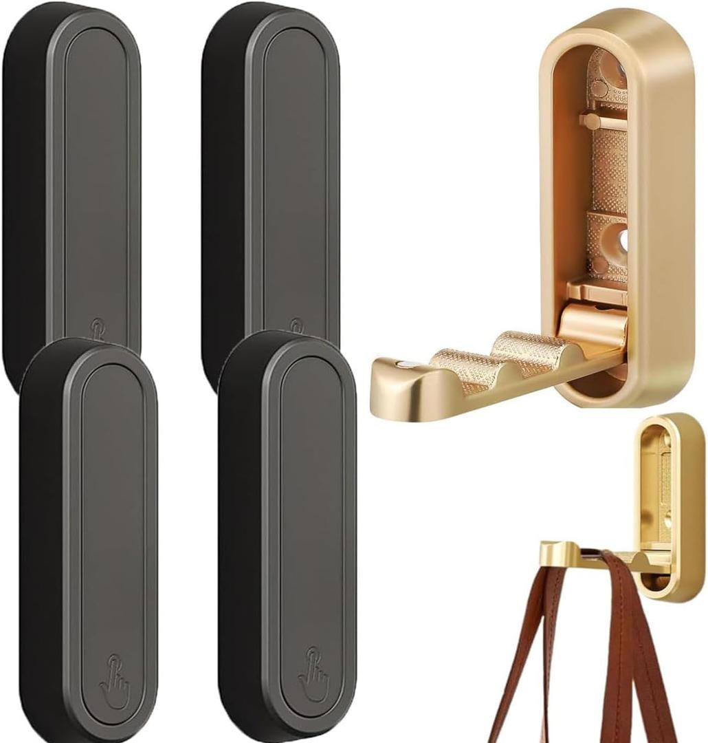 3PCS Gold Foldable Wall Hooks, Metal Foldable Hooks Wall Wount for Bathroom, Kitchen, Bedroom Space-Saving, for Towels, Coats, Bags, Easy Installation (3, Black)
