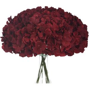 10PCS Artificial Hydrangea Flowers, Fake Hydrangea Silk Flowers Heads with Stems for Wedding Home Party Shop Baby Shower Decoration-Claret Red