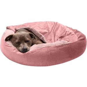 Furhaven 27" Round Calming Donut Dog Bed for Medium/Small Dogs, Washable, For Dogs Up to 45 lbs - Plush Velvet Waves Hooded Donut Bed - Rose Pink, Medium