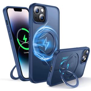 360Rotatable Magnetic Ring for iPhone 14 Plus Case/iPhone 15 Plus Case Compatible with MagSafe [Non-Slip Texture][Built-in Kickstand][Military Shockproof] Translucent Matte Silicone Slim, Blue