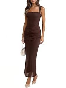 Xemofy Women's Sleeveless Square Neck Ruched Bodycon Maxi Dress - Elegant Sheer Mesh Formal Long Dress for Wedding Guest Party (US, Alpha, Medium, Regular, Regular, Brown)