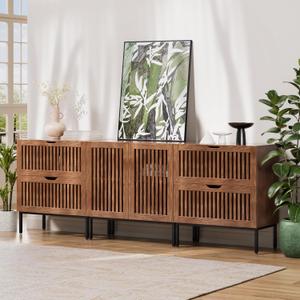 87" Farmhouse Storage Cabinet With Metal Base and Adjustable Shelf, Sideboard Coffee Bar With 2 Doors for Kitchen, Dining Room, Living Room, Brown