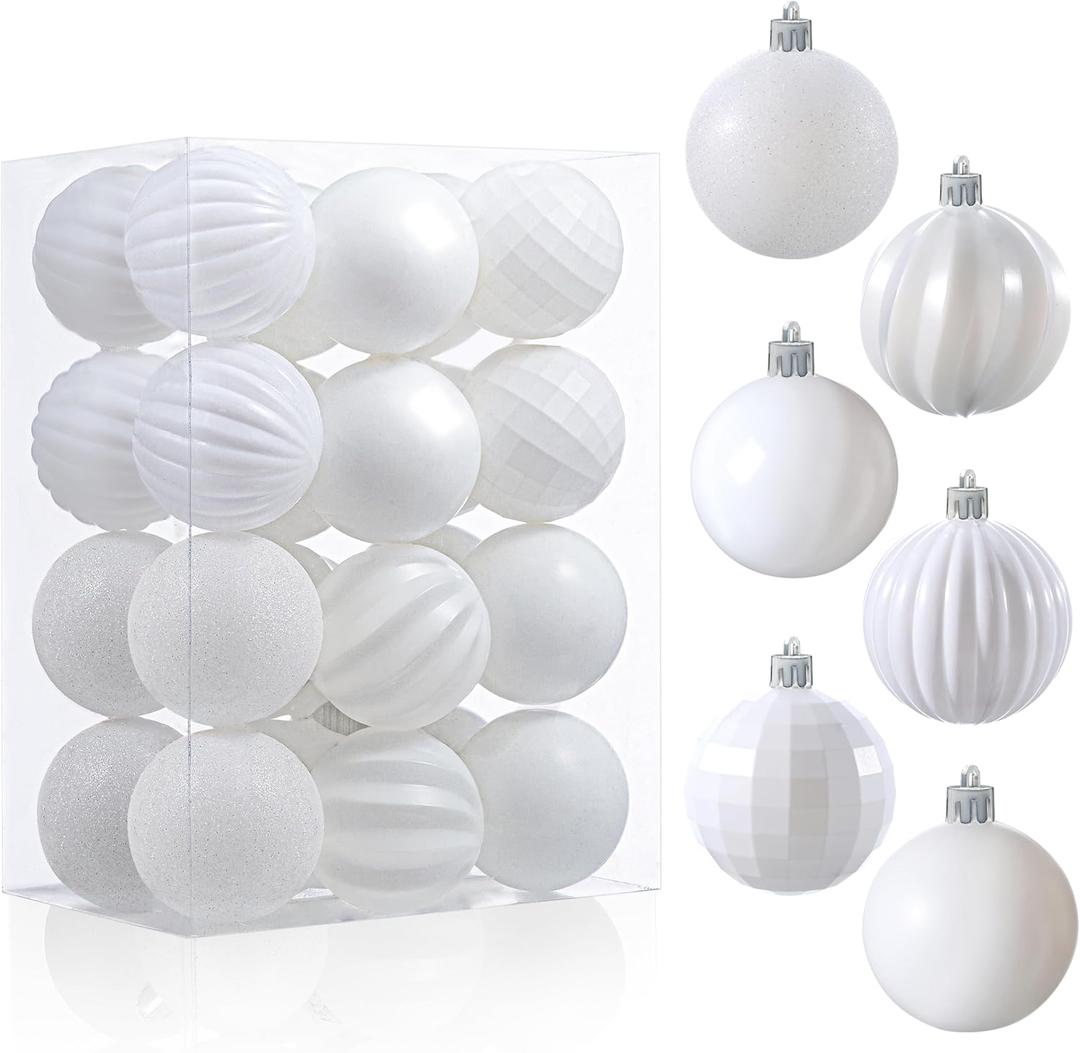 JOIEDOMI 24 Pcs White Christmas Balls Ornaments Set, 2.36" Christmas Tree Ornaments Shatterproof, Xmas Balls Hanging Decorations for Tree Wreath Garland Holiday Wedding Indoor Party Decor