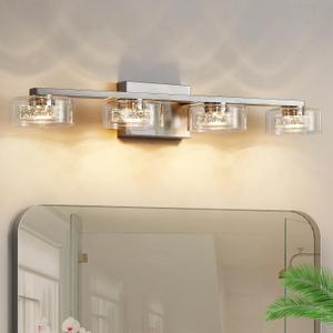 Bathroom Light Fixtures, Dimmable LED 4 Light Bathroom Vanity Light Over Mirror, Modern Crystal Brushed Nickel Vanity Lights with Clear Glass Shade for Bedroom Living Room