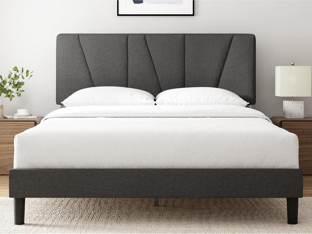 Zinus Queen Maya Upholstered Bed Frame with Asymmetric Headboard, Durable Wooden Slats, Sturdy Framework, Noise Free Sleep, No Box Spring Needed, Easy Assembly, Eco Friendly Packaging, Dark Grey