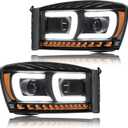 LED DRL Headlight, Headlights Assembly Kit Compatible with 2006-2008 Dodge Ram 1500, Fit 2006-2009 Ram 2500 3500 Headlamp Black Housing Amber Reflector