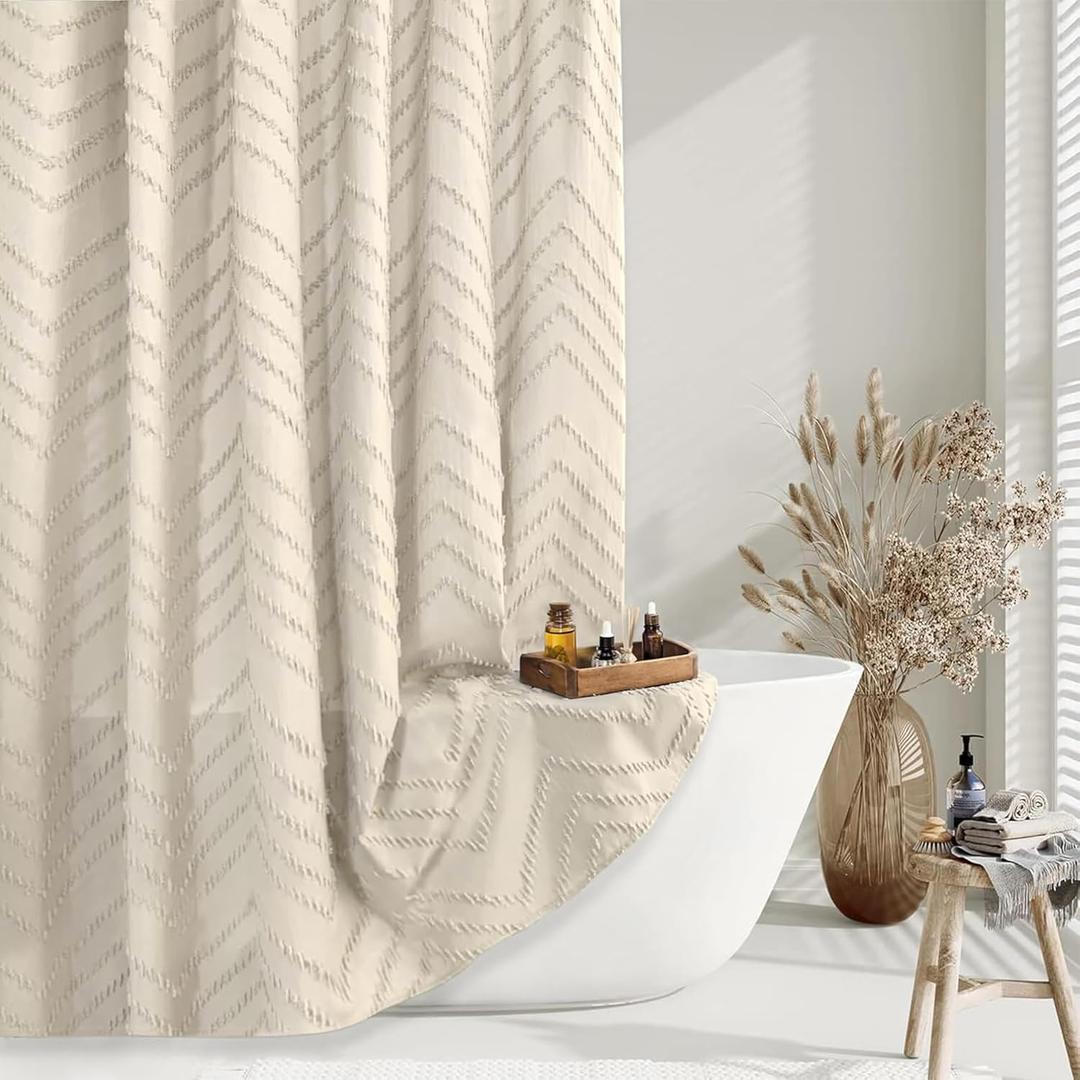 84 Inches Extra Long Beige Shower Curtain Boho Neutral Tufted Chevron Textured Striped Minimalist Shower Curtains for Bathroom