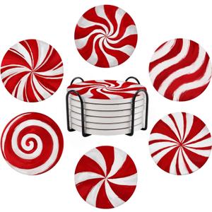 Red and White Candy Coasters with Holder 6 Pcs, Christmas Candy Drink Absorbent Coasters, Christmas Candy Ceramic Stone with Cork Base, House Warming Gift New Home Kitchen Decor, 4inches