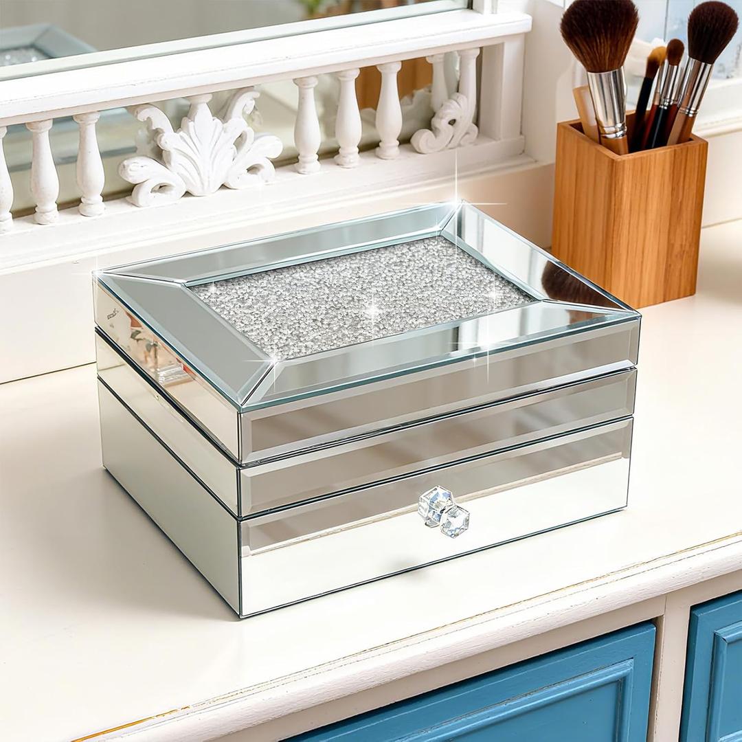 2 Layer Mirror Glass Jewelry Box with Crushed Diamond Decor, Velvet-Lined Trinket Organizer for Rings Earrings Necklaces Bracelets - Elegant Treasure Chest Storage Case for Women Girls (Silver)