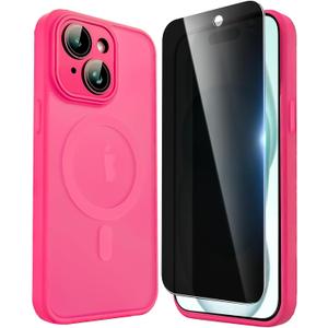 Privacy Case for iPhone 15 Plus,Magnetic iPhone 15 Plus Phone Case with Privacy Screen Protector X2 & Camera Protector [Compatible with MagSafe],Translucent Matte Shockproof Cover-Rose Red