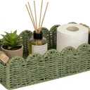Upgraded Paper Rope Scalloped Edge Toilet Paper Storage Basket, Small Living Room, Bedroom Decor Baskets for Over Toilet Storage Shelf, End Table, Shelves and More, with 2 Wooden Handle (Green)