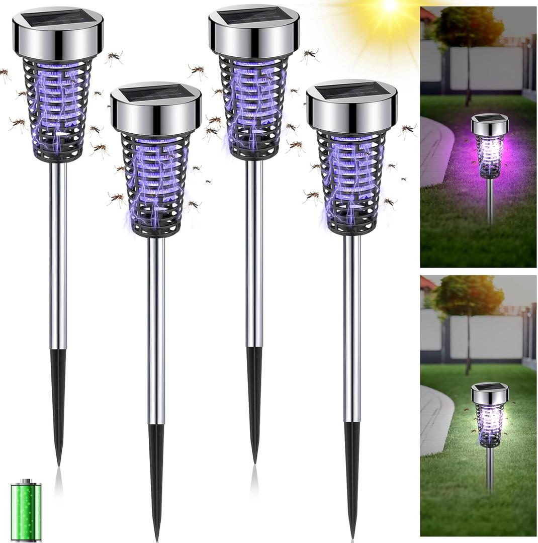 Qualirey 4 Pack Solar Bug Zapper Mosquito for Outdoor Waterproof LED Light Outside Mosquito Repellent Killer Bug Zapper for Indoor Outdoor Patio Yard