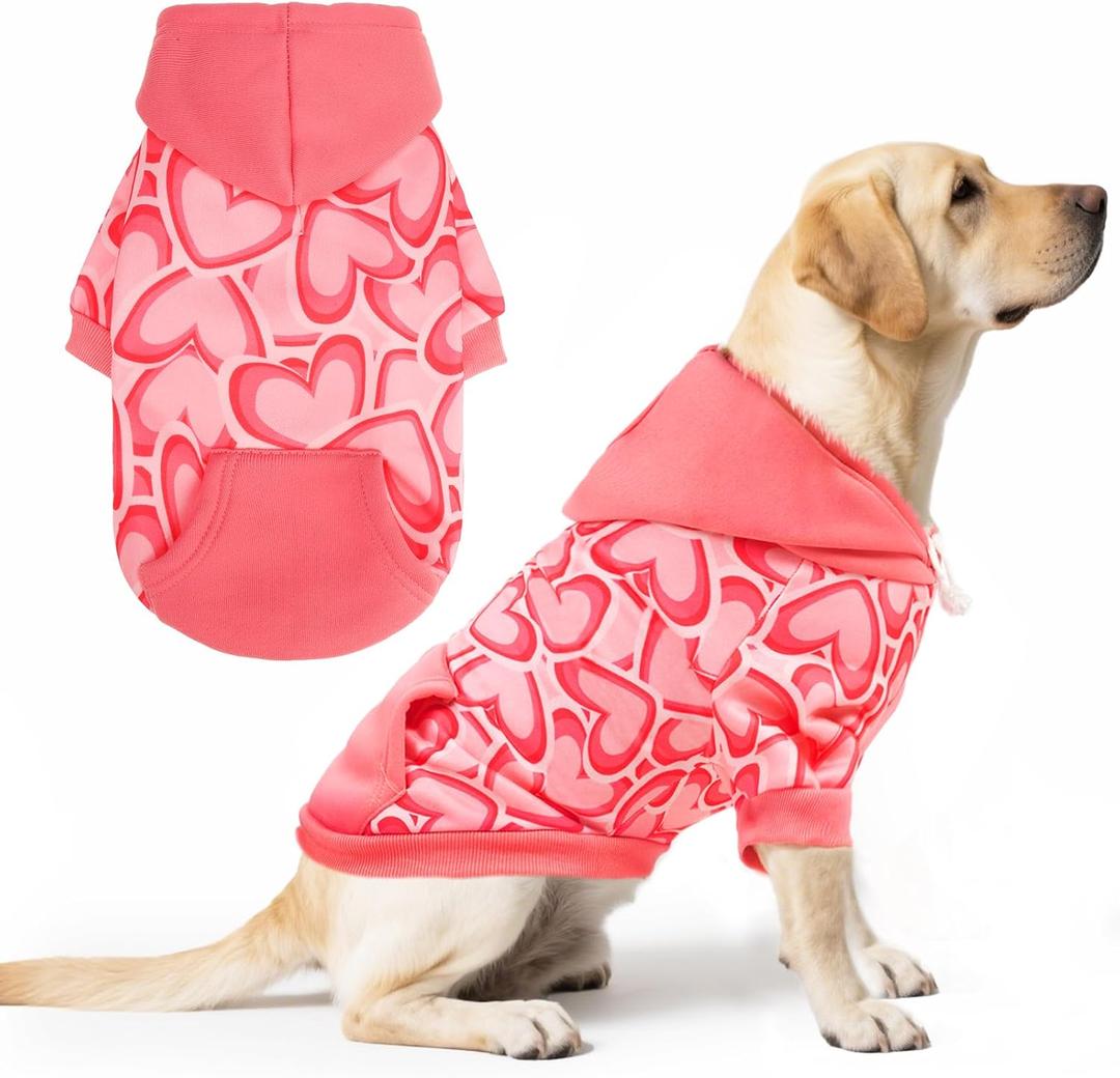 PUPTECK Dog Hoodie Pet Sweatshirt Soft Warm Clothes Fleece Lined with Hat for Small Medium Large Dogs, Pocket Design, Pink Heart, XL