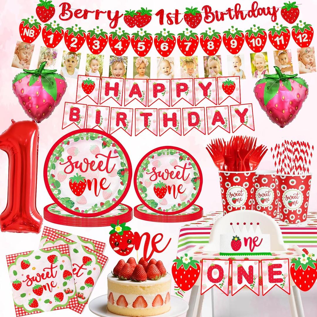 Strawberry 1st Birthday Decorations Berry 1st Birthday Party Supplies Include Glitter Photo Banner Plates Napkins Cups Tablecloth for Sweet One Girls Party Supplies Baby Shower Decor Serve 50