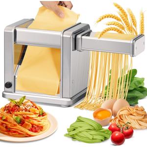 Domestic Electric Pasta Maker Automatic Stainless Steel Noodle Machine with Adjustable Dough Roller/Cutter for Home Handmade Spaghetti, Fettuccini, Lasagna, Pie Crust, Dumpling, Wonton
