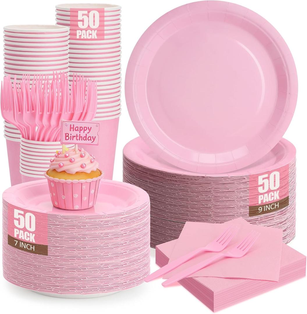 Light Pink Plates and Napkins Include 9Disposable Burgundy Paper Plate, 7Dessert Plates and Cups and Napkins Forks Set for Baby Showers, Birthday, Wedding, Serves 50