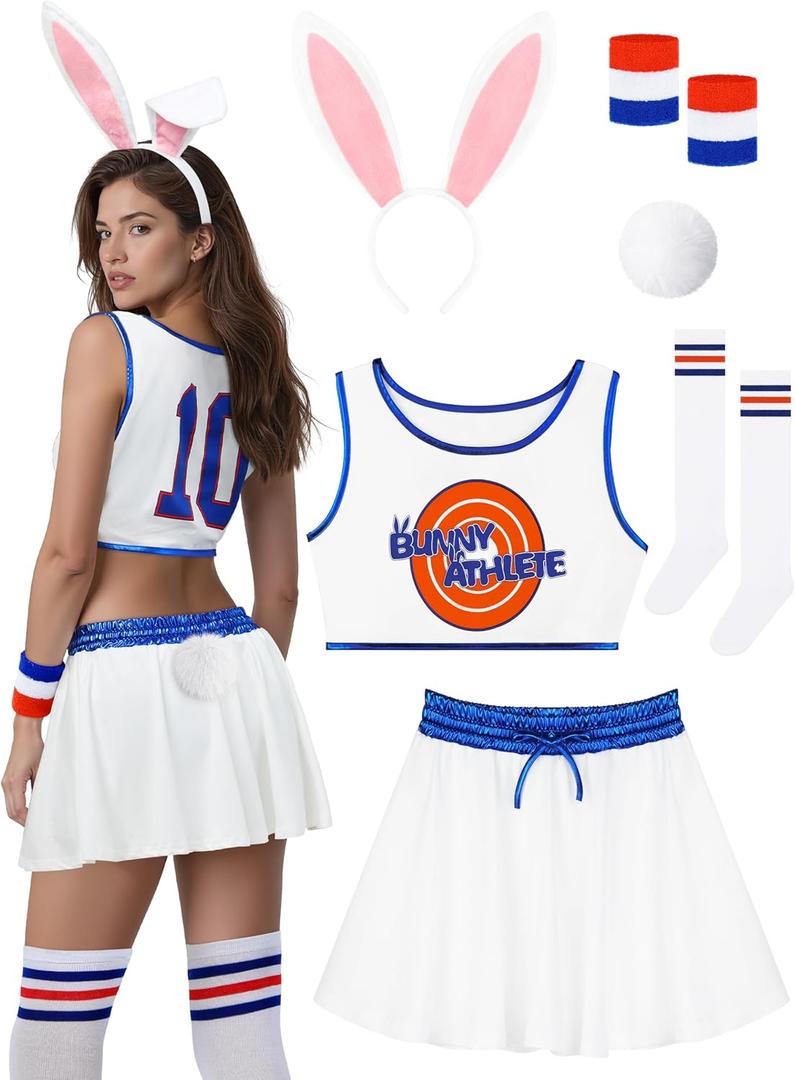 RUODON 6PCS Halloween Bunny Costume for Women, Basketball Jersey Outfit with Top Skort Headband Wristbands Socks Tail (Medium)