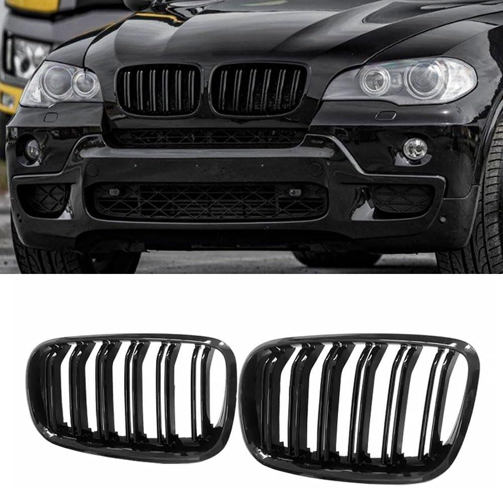 MAXDOM Replacement Front Upper Grill Fit for BMW (2007-2013) X5 E70 (2008-2014) X6 E71  Gloss Black Double Slats ABS Grille