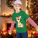 Toddler Girl Christmas T-Shirt Kid Xmas Ugly Reindeer Santa Claus Snowman Shirt Long Sleeve Strip Patchwork Cooton Tee Top