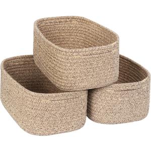 Small Baskets for Organizing, Woven Storage Baskets for Shelves, Cute Cotton Rope Gift Bins Empty, Decorative Closet Organizer Box, Wicker Towel Storage, 13.8"x8.8"x5.5", Brown