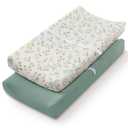 Blissful Diary Muslin Changing Pad Cover for Girls Boys, Ultra Soft Breathable Cotton, Baby Diaper Change Table Pad Covers, 2Pack (Roman Green&Leaf)