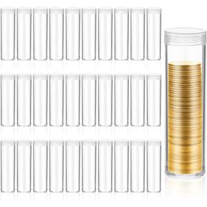 30 Pcs Plastic Coin Tubes, 4 x 0.8 Inch Clear Coin Storage Tube Cylinder Coins Storage Holders with Screw Lid for Coins Collection Supplies, Bank Rolls, Home, Shop