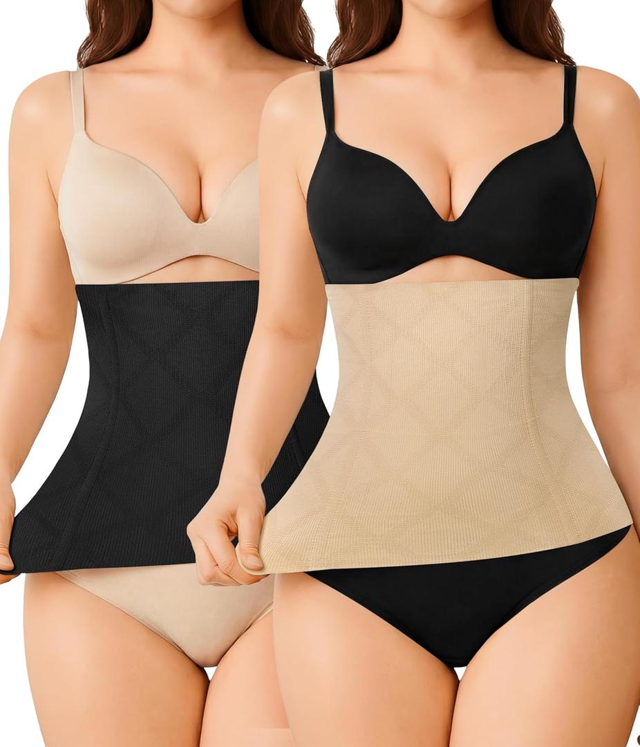 Nebility 2 Pack Waist Trainer for Women Shapewear Tummy Control Faja Body Shaper Waist Cincher Girdles Corset Shapewear (Black & Beige 2 Pack, Large)