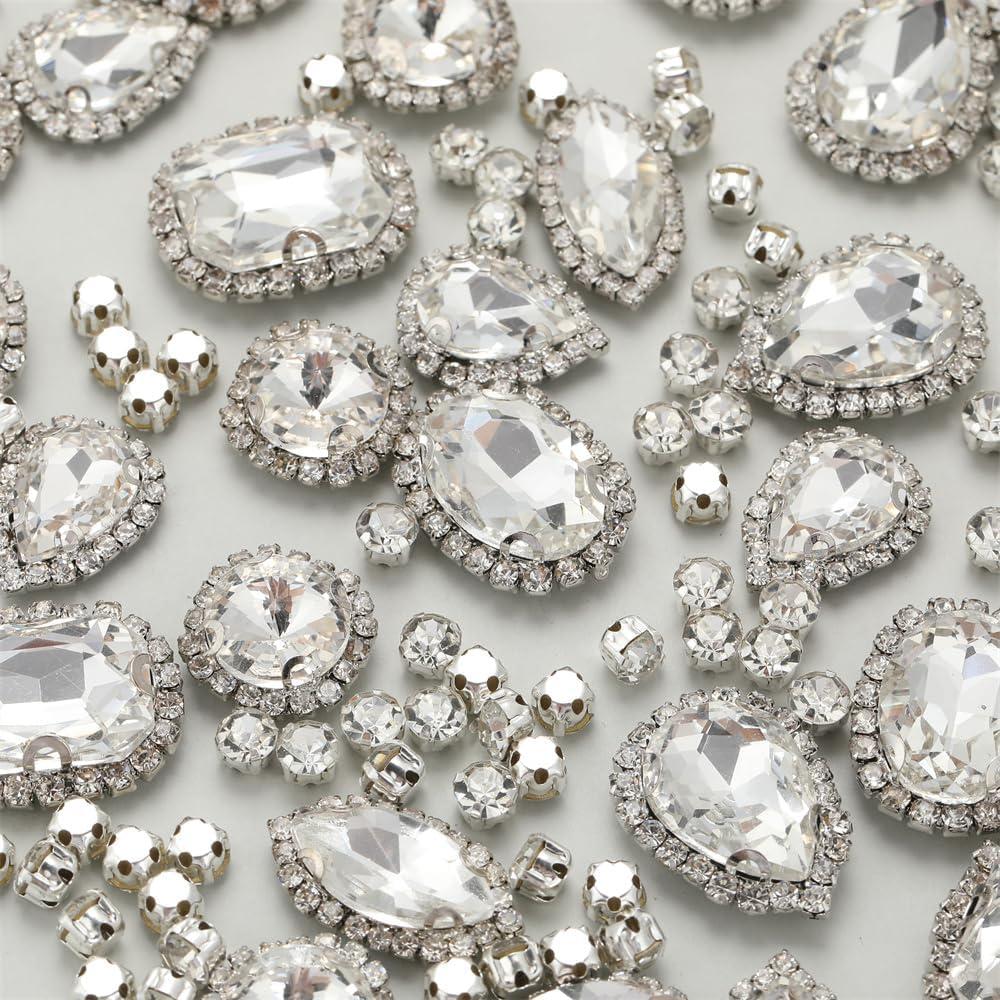 Sew On Rhinestones, Choupee 130PCS Sew On Glass Rhinestone Metal Back Prong Setting Sewing Claw Rhinestone Mixed Shapes for Costume, Clothes, Garments, Dress, Earring, Belt and Shoes (Shinning Clear)