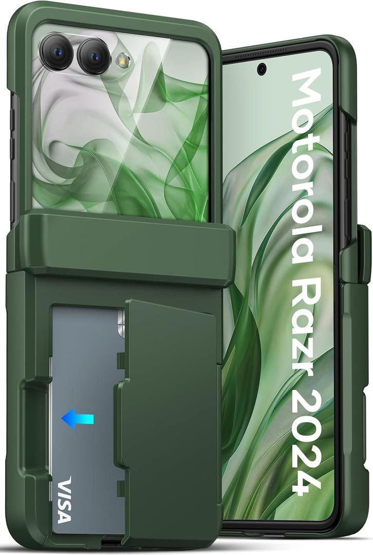 ATATOO for Motorola Razr 2024 Case, Built-in Card Holder (Store 3 Cards) & Hinge Protection & HD Screen Protector, Military Grade Protection, Sturdy Durable Wallet Phone Case for Moto Razr 2024, Green