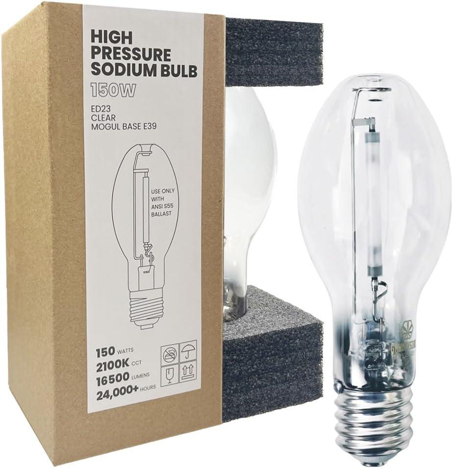 Mogul Base (E39), LU150/MOG 150 Watt High Pressure Sodium Light Bulb, ANSI Code S55, 16500 Lumen, 24000 Life Hours, ED23 Clear Bulb, 2100K