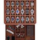 ROTHWELL 18-Slot Watch Case with Drawer – Luxury Watch Box for Men, Real Glass Top, Lockable, Display Case for Collections (Tan/ Brown)