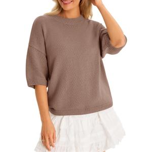 Cicy Bell Womens Short Sleeve Sweaters Oversized Crew Neck Knit Pullover Tops Summer Loose Fit Sweater (Large, Brown)
