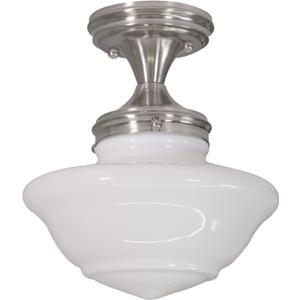 Design House Vintage-Inspired Schoolhouse Semi-Flush Mount Ceiling Light, 9 in x 9 in x 10 in, Satin Nickel, White Glass Shade, 577494