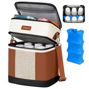 Mancro Breast milk Cooler Travel Bag Fits 6 Bottles Up to 9 OuncesDouble Layer Baby Bottle Cooler Bag with Ice PackInsulated Baby Bottle Bags for Daycare & Nursing Moms,Black and Brown