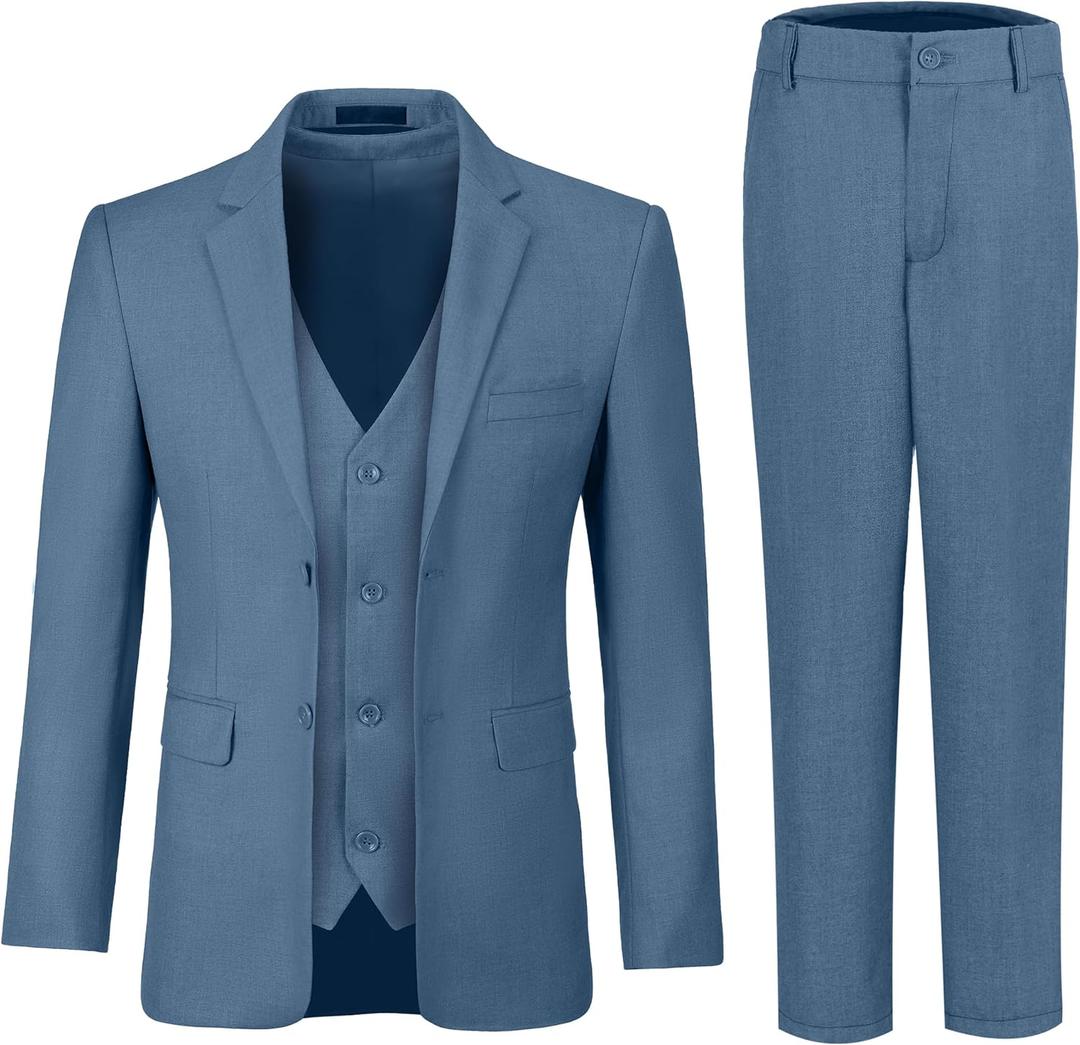 JPF Boy's Formal Suit Set Slim Fit Kids Tuxedo Suits for Wedding Teen Toddler Boy Dress Suit Outfit (12, 3pc Blue Grey)