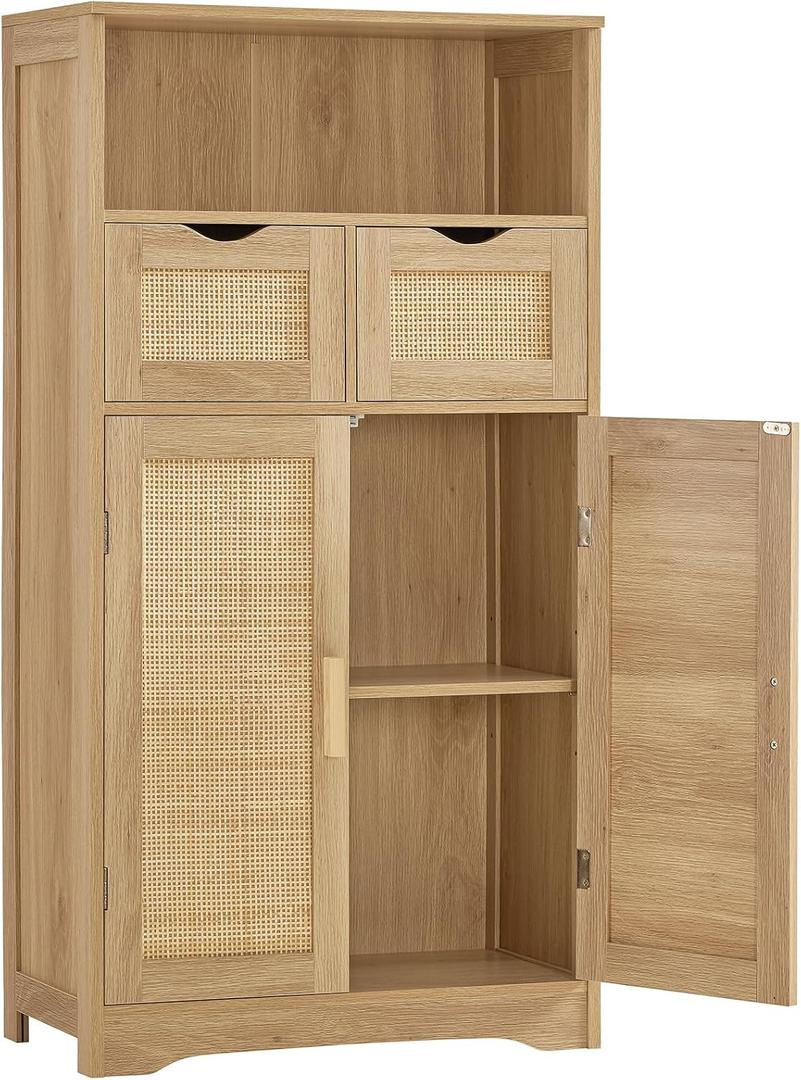 Iwell Storage Cabinet with 2 Drawers & Adjustable Shelves, Rattan Cabinet, Kitchen Pantry Cabinets, Cupboard for Living Room, Kitchen, Home Office, Natural SNG008NR, 42.5"H