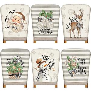 Moukeren 6 Pcs Christmas Chair Cover Set Stretch Dining Chair Back Covers Vintage Christmas Santa Claus Elk Slipcovers Farmhouse Removable Elastic Seat Protector for Xmas Party Kitchen Home Decor