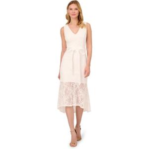 Adrianna Papell Women's Lace Midi Dress, Sleeveless Cocktail Dress with Floral Lace & Skinny Waist Belt Size 12 (White, M)