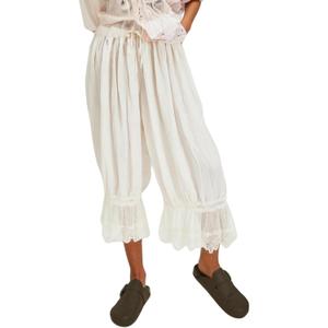 Women Lace Long Bloomers Pants Elastic Waist Y2k Ruffle Pettipants Slip Cute Pantaloons Pumpkin Pants (Small, White)