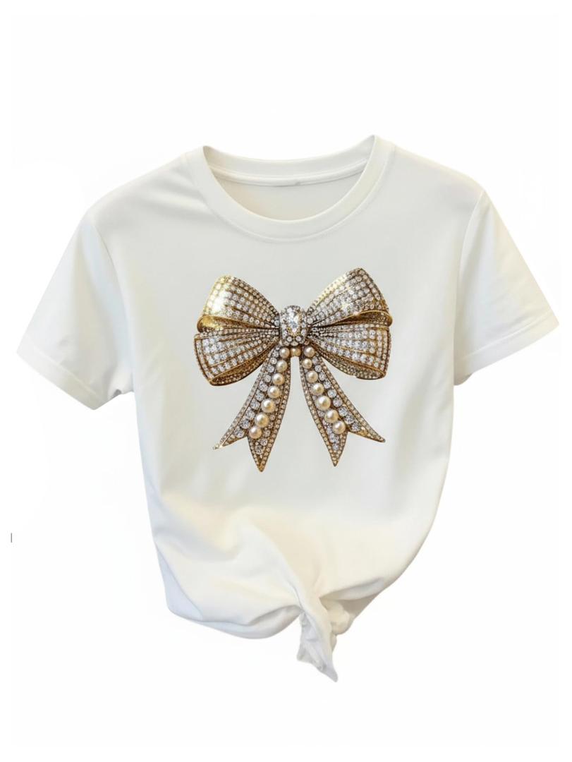 RoseSeek Women's Beaded Bowknot Graphic Tees Short Sleeve Crew Neck Summer Casual T-Shirts White Large