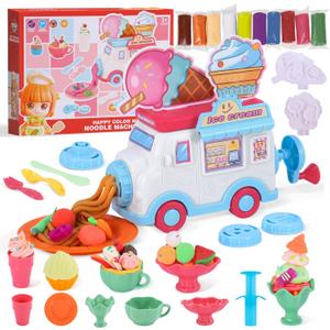 Ice Cream Dining Car Play Color Dough Set with Fun Ice Cream Maker, Noodle Machine, 3 Tools Kit and 10 Doughs, Creative Kitchen Creation Arts and Crafts Dough Set for Kids 3+