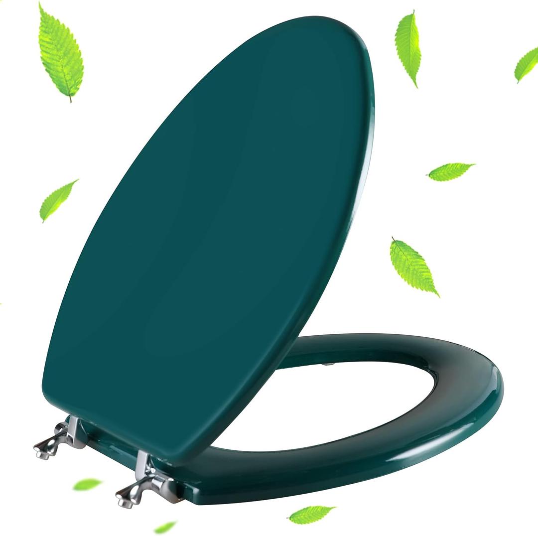 Dark Green Elongated Toilet Seat Natural Wood Toilet Seat with Zinc Alloy Hinges, Easy to Install also Easy to Clean, Scratch Resistant Toilet Seat by Angol Shiold (Elongated, Dark Green)