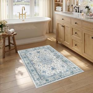 RELEANY Washable Area Rug, Small 2'6"x4', Blue/White/Gray | Non-Slip, Water Repellent, Pet Friendly, Easy to Clean, Vintage Floral Boho Decor for Kitchen Entryway Bathroom