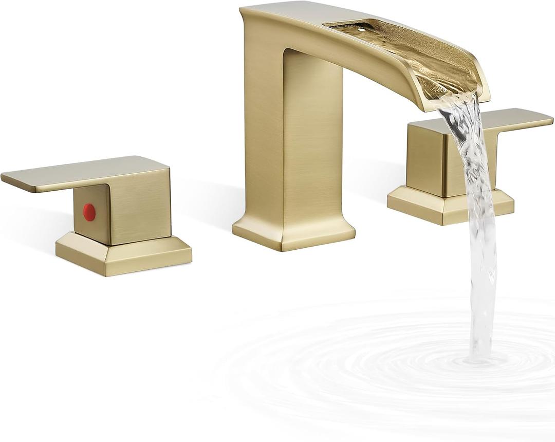 Roman Bathtub Faucet Deck Mount 3 Hole, Brass Waterfall Faucet for Bathtub 6-16 Inch, Brushed Gold Tub Faucet Set 2 Handle, High Flow Widespread Bathtub Faucets with Water Hoses for Hotel (Matte Brushed Gold - Elegant)